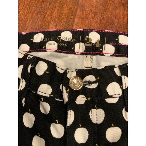 Kate Spade Black With White Apple Pattern "Broome Street” Slim Jeans, Size 24 - Picture 3 of 7